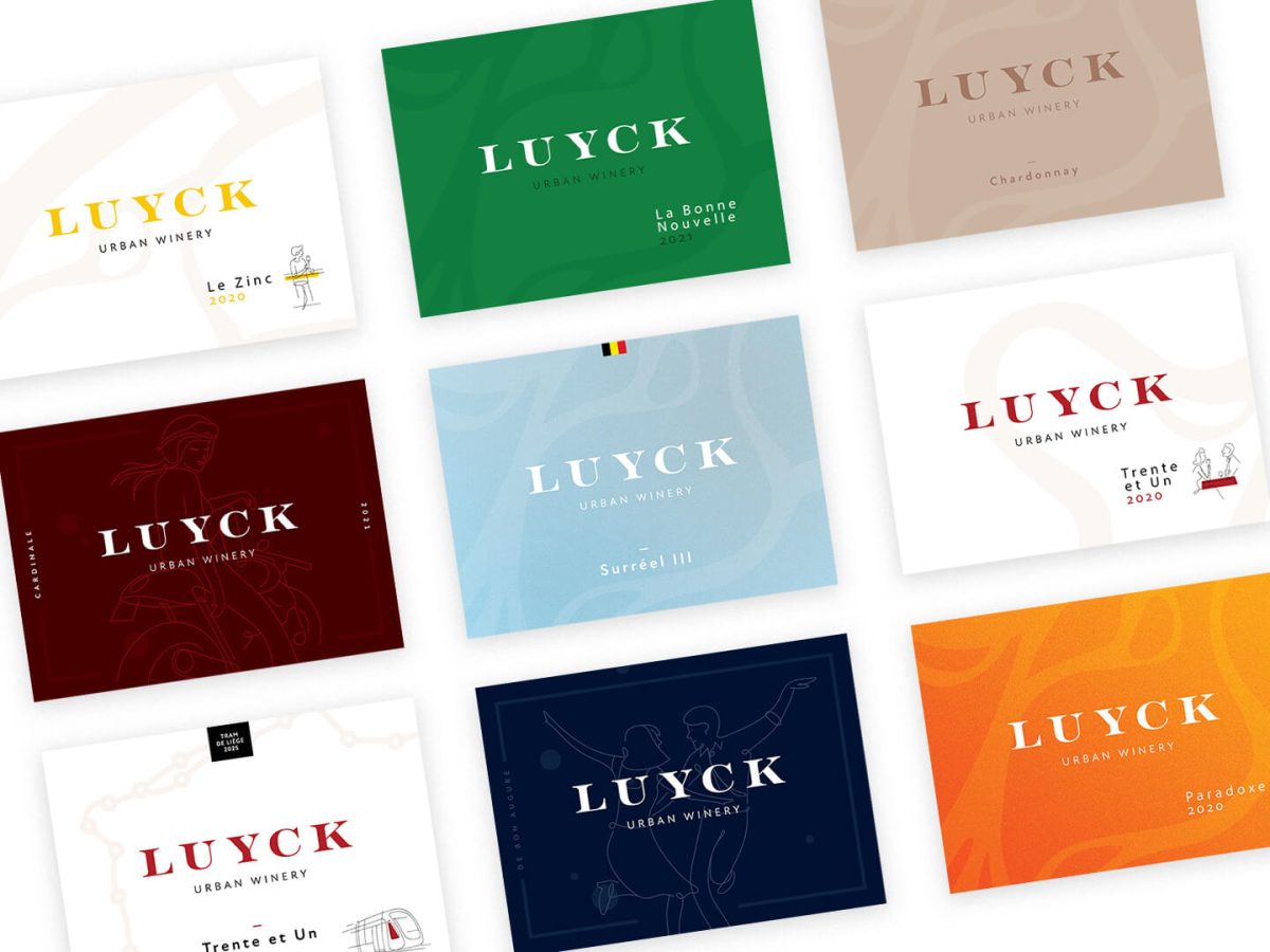 Grille de déclinaison des étiquettes et couleurs de la gamme de vins Luyck