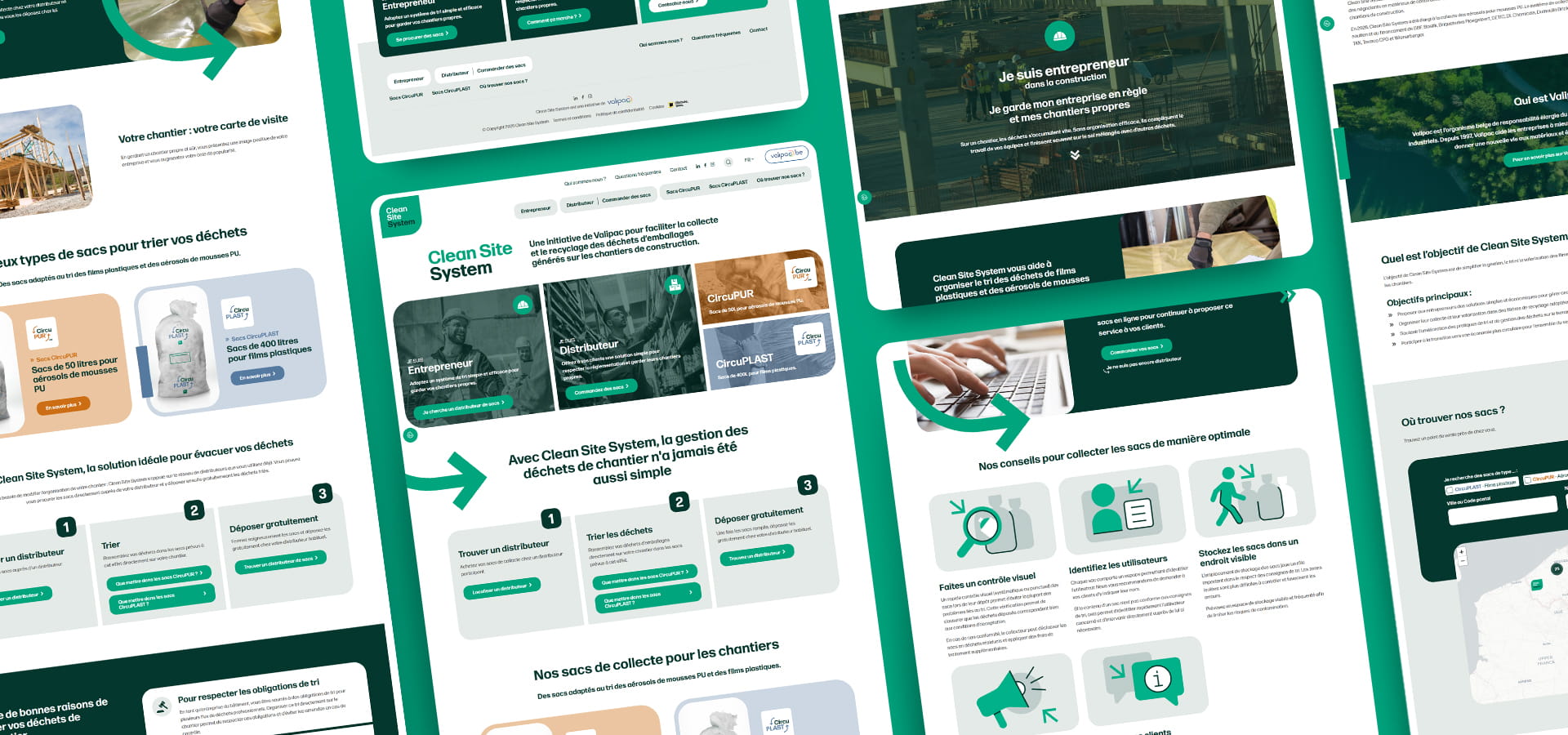 Aperçu des différentes pages du site web Clean Site System sur écran
