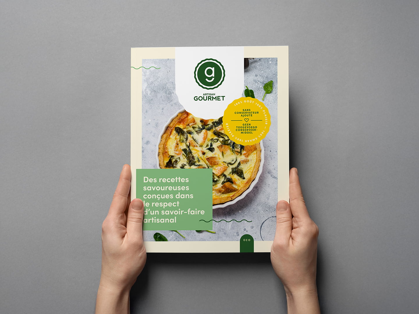 Brochure de présentation imprimée de la gamme de quiches Artisan Gourmet