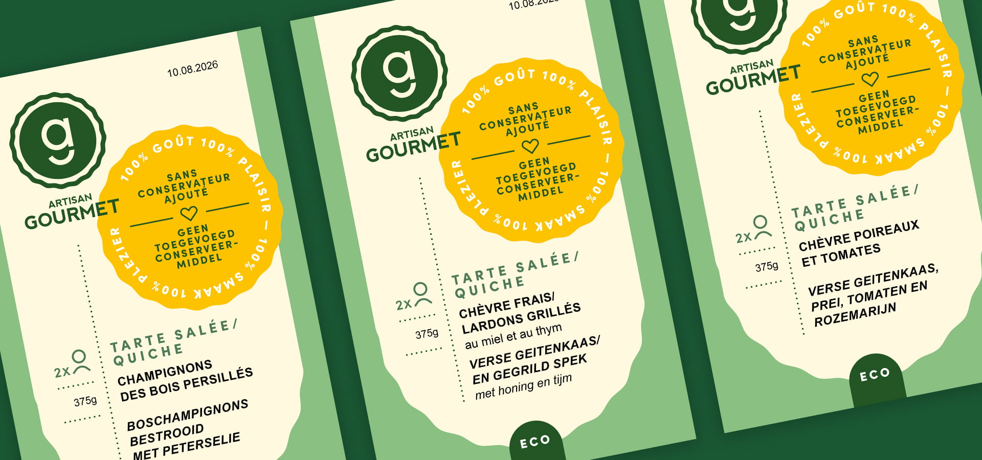 Déclinaison des nouvelles étiquettes packaging pour les quiches et tartes Artisan Gourmet