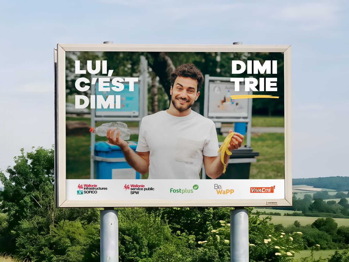Panneau d'affichage SOFICO « Lui, c'est Dimi » vu depuis l'intérieur d'un véhicule sur l'autoroute